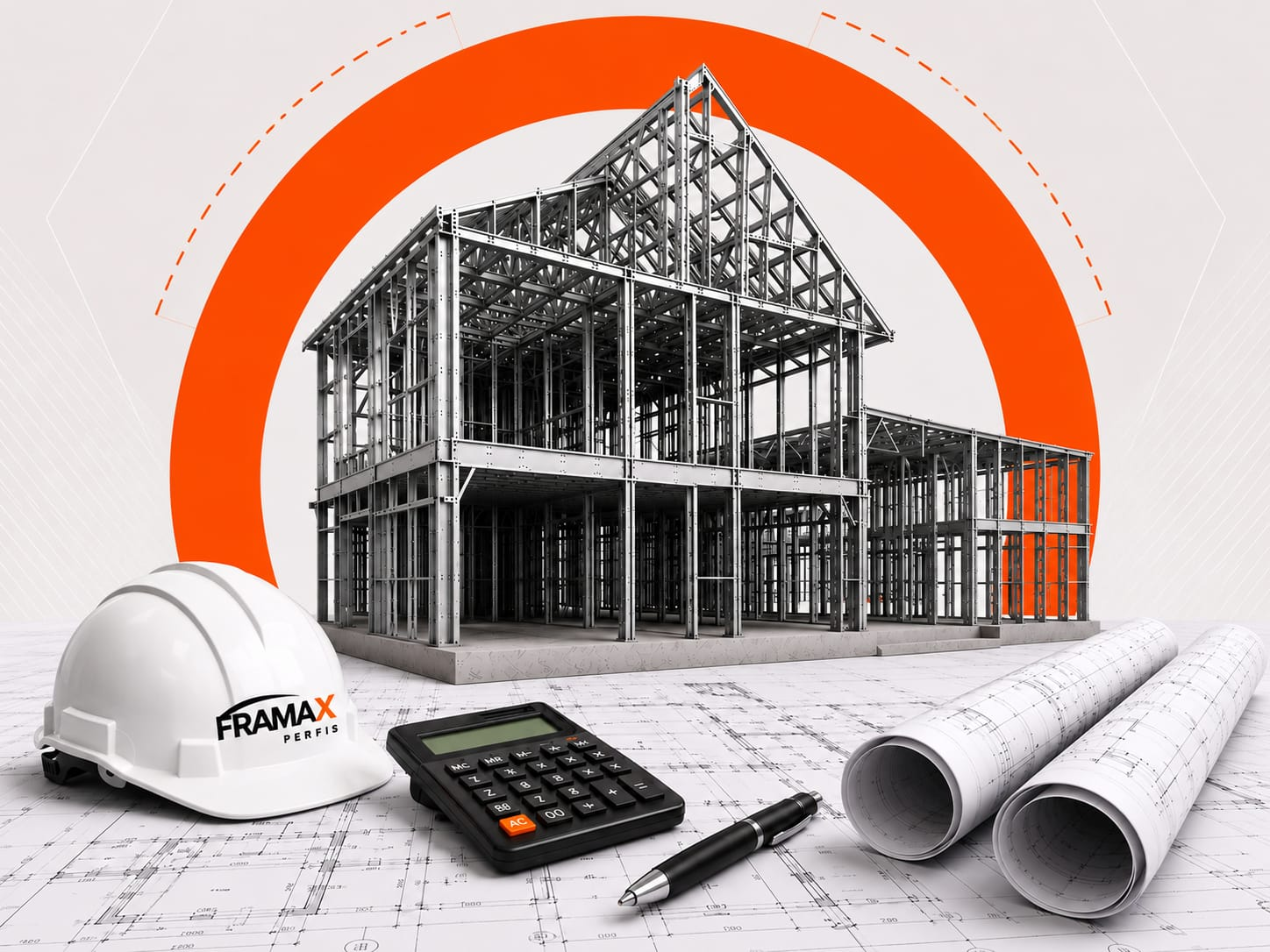 Estrutura metálica FRAMAX com capacete, calculadora e plantas técnicas